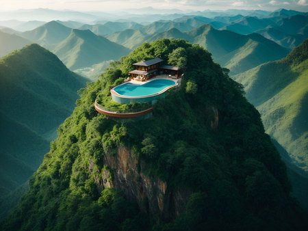 a small private swimming pool located on the peak of a mountainの素材