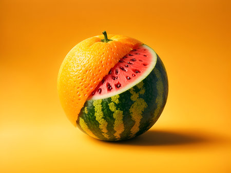 a unique and imaginative hybrid fruit that merges the characteristics of an orange and a watermelonの素材