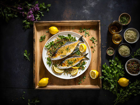 grilled fish on a white dish, accented with lemon slices and herbs, set upon a rustic wooden crateの素材