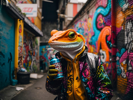 A graffiti artist gecko with a spray can tailの素材