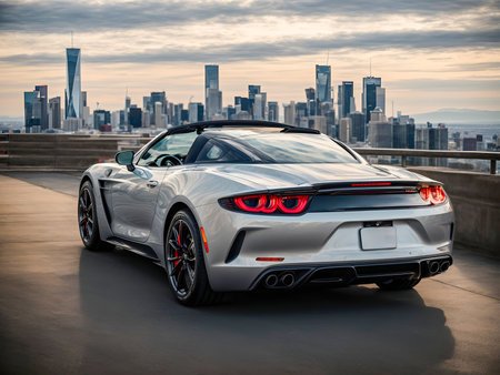 A sleek sports car parked at a scenic overlook with the city skylineの素材