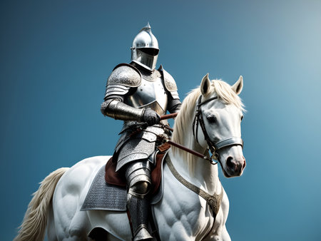 A character of a knight in shining armor with a sword, on a white horseの素材