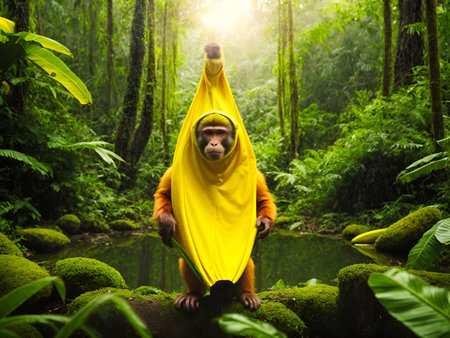 a monkey wearing a banana costume, set against a lush natural backdropの素材