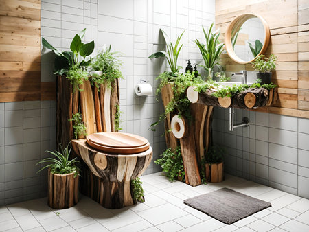 a bathroom, uniquely designed with its fixtures made entirely from tree trunks and plantsの素材