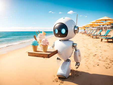 a charming robot carrying an ice creamの素材