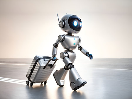a charming robot walking and pulling a travel suitcaseの素材