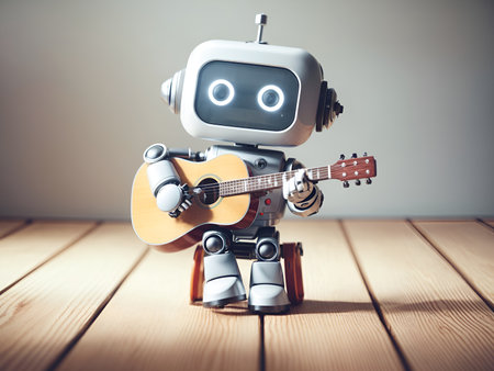 a vibrant and colorful cute robot playing a guitarの素材