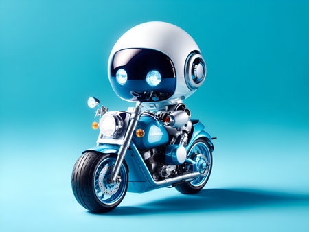 a cute robot riding a motorcycle against a blue backgroundの素材