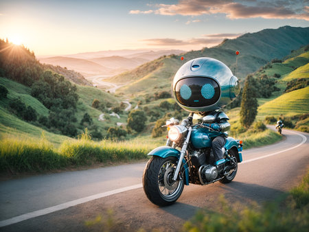 a cute robot riding a motorcycle against a backdrop of natureの素材