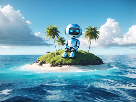 a charming robot sitting alone on a tiny islandの素材