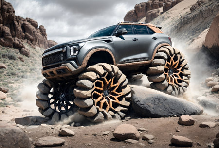 a four-wheel drive vehicle with wheels made of rocksの素材