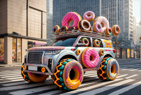a four-wheel drive vehicle designed to look like a mobile donutの素材