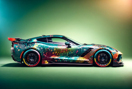 A sports car with a music-themed wrapの素材