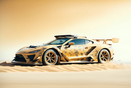 a sports car with a sand and desert-themed wrapの素材