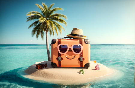 a cute travel suitcase on a small islandの素材