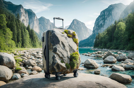 A travel suitcase designed to look like a rockの素材