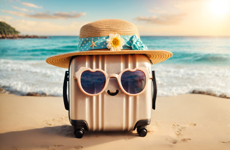 a cute travel suitcase on a beachの素材