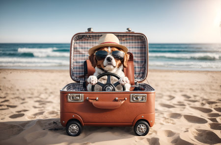a cute dog seated inside an open travel suitcase, pretending to drive it like a carの素材