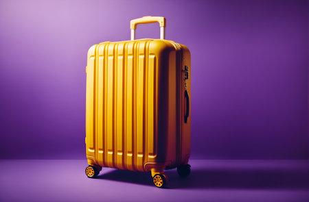 a yellow travel suitcase on a purple backgroundの素材