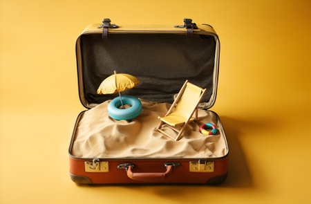 a travel suitcase with a beach inside itの素材