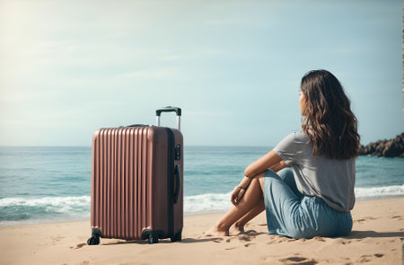 a woman sitting on the beach with a travel suitcaseの素材