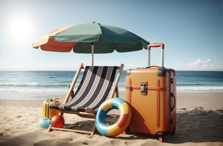 a travel suitcase next to a beach chair and a swimming ring, set on a sandy beachの素材