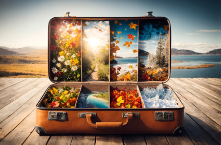 a travel suitcase containing the nature of a different seasonsの素材