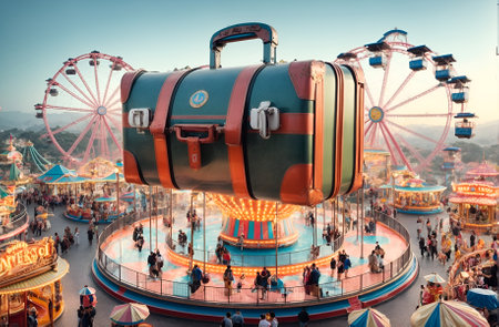an amusement park featuring a central attraction designed as a huge open travel suitcaseの素材