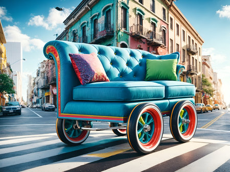 a colorful and whimsical sofa with wheelsの素材