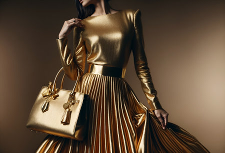 A woman wearing a golden dress and golden handbagの素材
