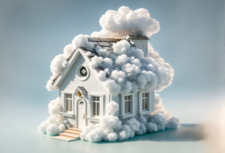 a small, charming house designed to look like a cloud, featuring a fluffy, cloudの素材