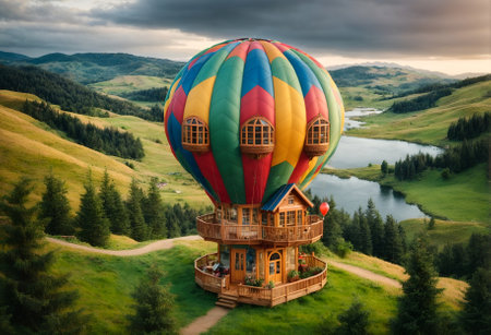 a small, enchanting house designed to look like a hot air balloonの素材