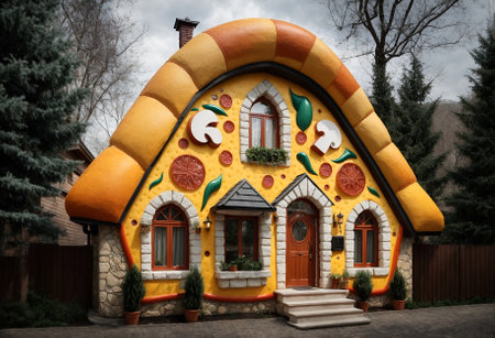 a small, adorable house designed to look like a pizzaの素材