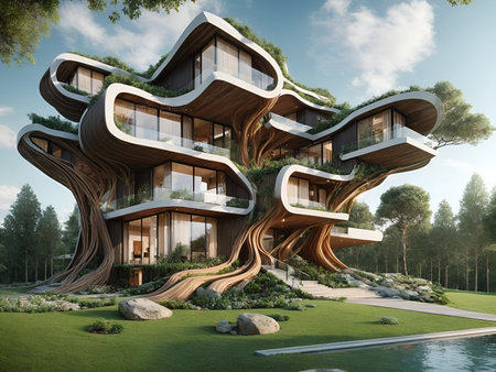 a modern villa designed to resemble a tree trunkの素材