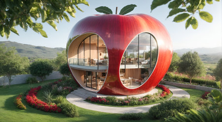 A modern villa designed in the shape of an appleの素材