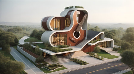 a modern villa designed in the shape of a guitarの素材