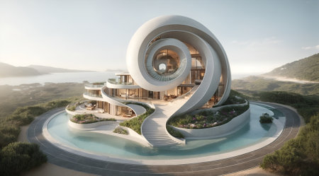 a modern villa built in the shape of a seashellの素材