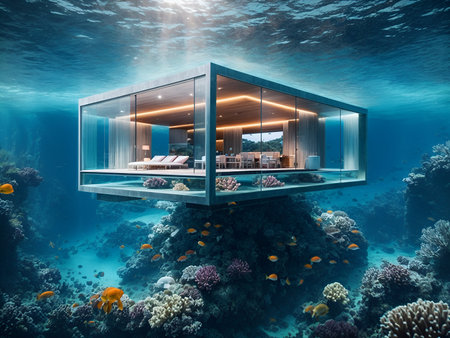 a modern villa submerged underwaterの素材