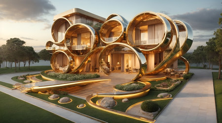 a modern villa designed in the shape of a gold braceletの素材