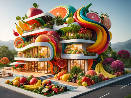 a modern villa designed to resemble the world of fruitsの素材