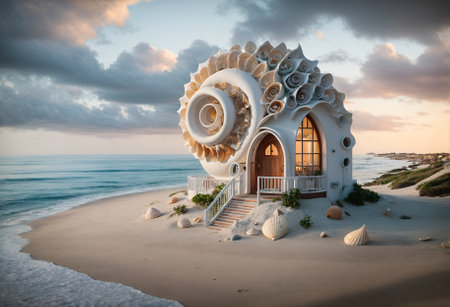 a small, endearing house shaped like a seashellの素材