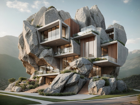 a modern villa designed to resemble a giant rockの素材