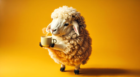 a sheep drinking a cup of coffeeの素材