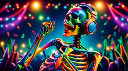 a multicolored skeleton wearing headphones and dancing joyfullyの素材
