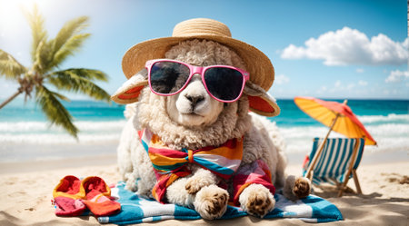 a sheep in colorful beachwear, relaxing on a picturesque beach sceneの素材