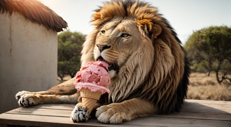 a lion enjoying an ice cream shaped like a piece of meatの素材