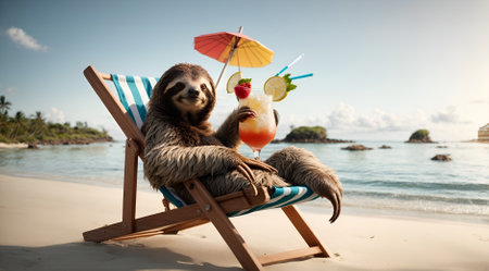 a sloth relaxing on a beach chair with a natural drink or cocktailの素材