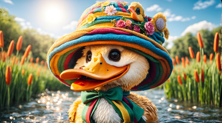 a duck wearing a humorously oversized hatの素材