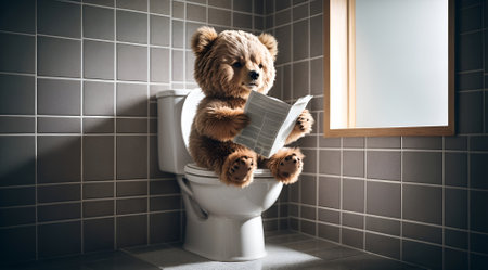 a cute bear sitting on a toilet and holding a newspaperの素材