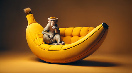 a monkey sitting on a sofa designed to look like a banana.の素材